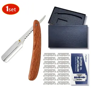 Professional Barber Straight Razor for Men, Wood Handle Anti‑Slip Safety Shaver with 20 Replaceable Blades, Stainless Steel Folding Manual Beard Shaving Kit replacement sharp handheld razor blade daily groom travel razorkit smooth shave