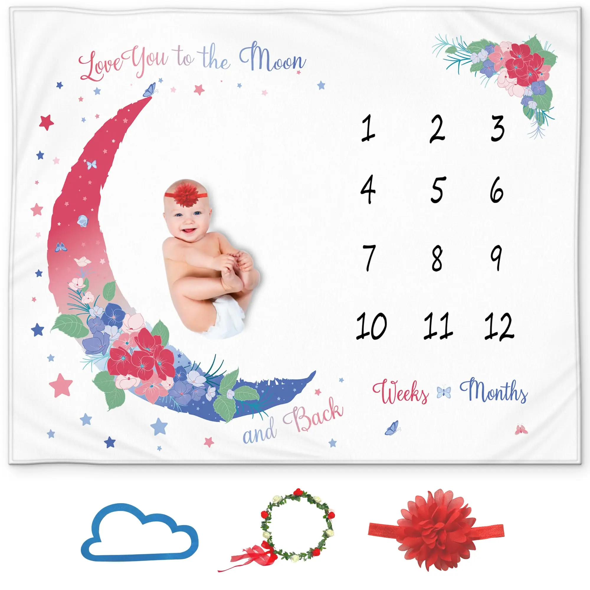 Baby Milestone Blanket - "Love You to the Moon and Back" Monthly Milestone Blanket for Boys and Girls, Soft Fleece, 50x40 Inches, Floral Moon Design