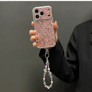 (Case & Nova.)  Glitter Leopard Print Phone Case with Beaded Wrist Strap, Compatible with iPhone 17 Pro Max, 16, 15, 14, Shockproof Electroplated Protective Cover Rustic Silicone anti theft beautiful