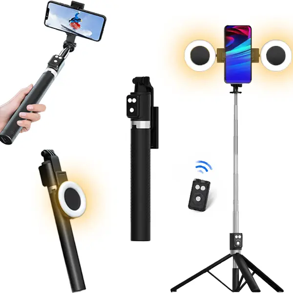 6-in-1 Selfie Stick Tripod with 360° Rotatable Dual Ring Light, Dual Fill Lights & Selfie Light, Wireless Remote,Portable Adjustable Phone Stand, for iPhone Android phonetripod for Vlog stand content Gifts