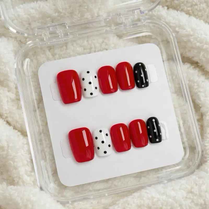 Red Polka Dot Press On Nails | Glossy Retro Nail Set