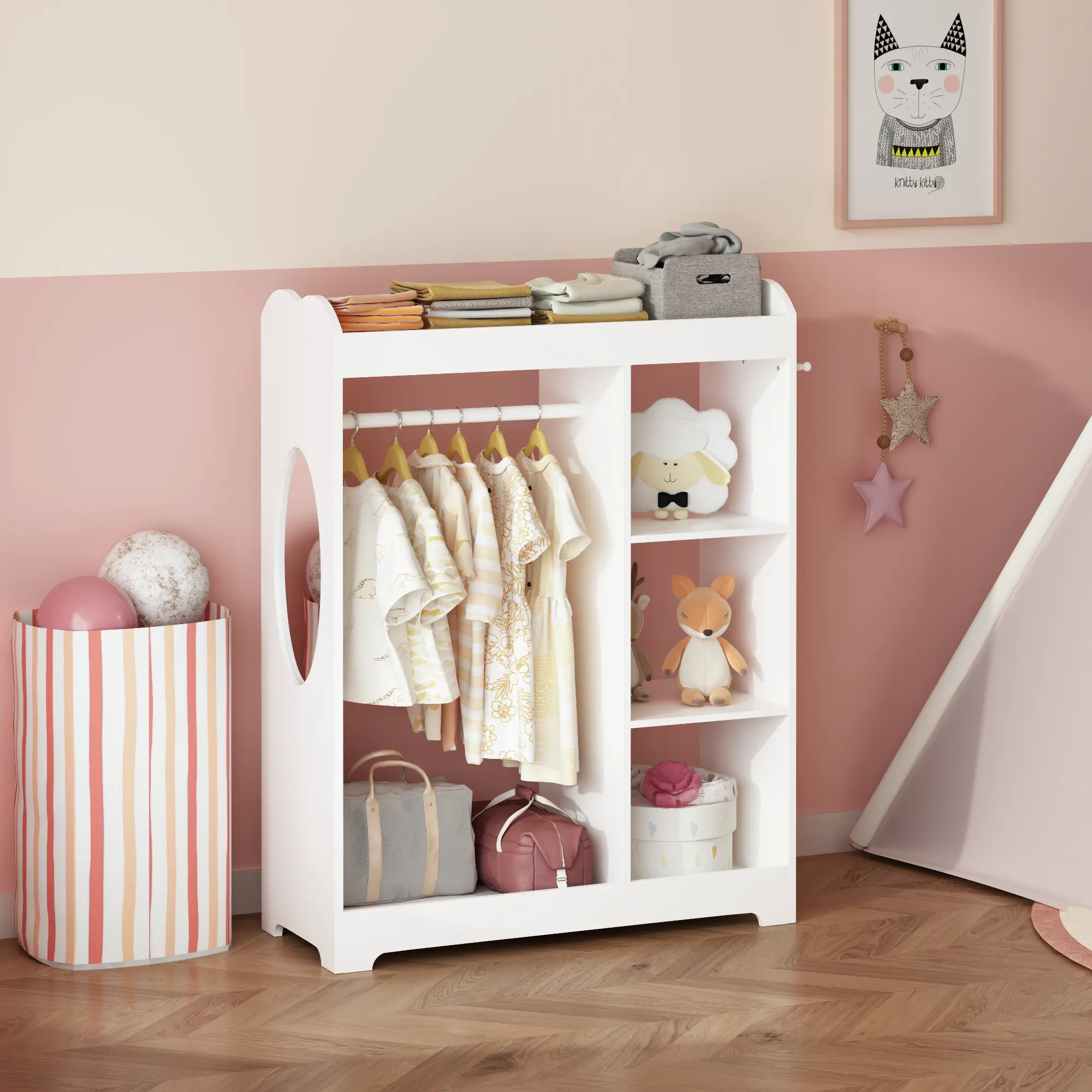 White Wooden Kids Dress Up Storage Station - Indoor Coat Rack with Mirror, Hanging Rod, 3 Side Hooks, Multi-Storage Shelves, Toddler Costume & Clothes Organizer for Bedroom, Nursery