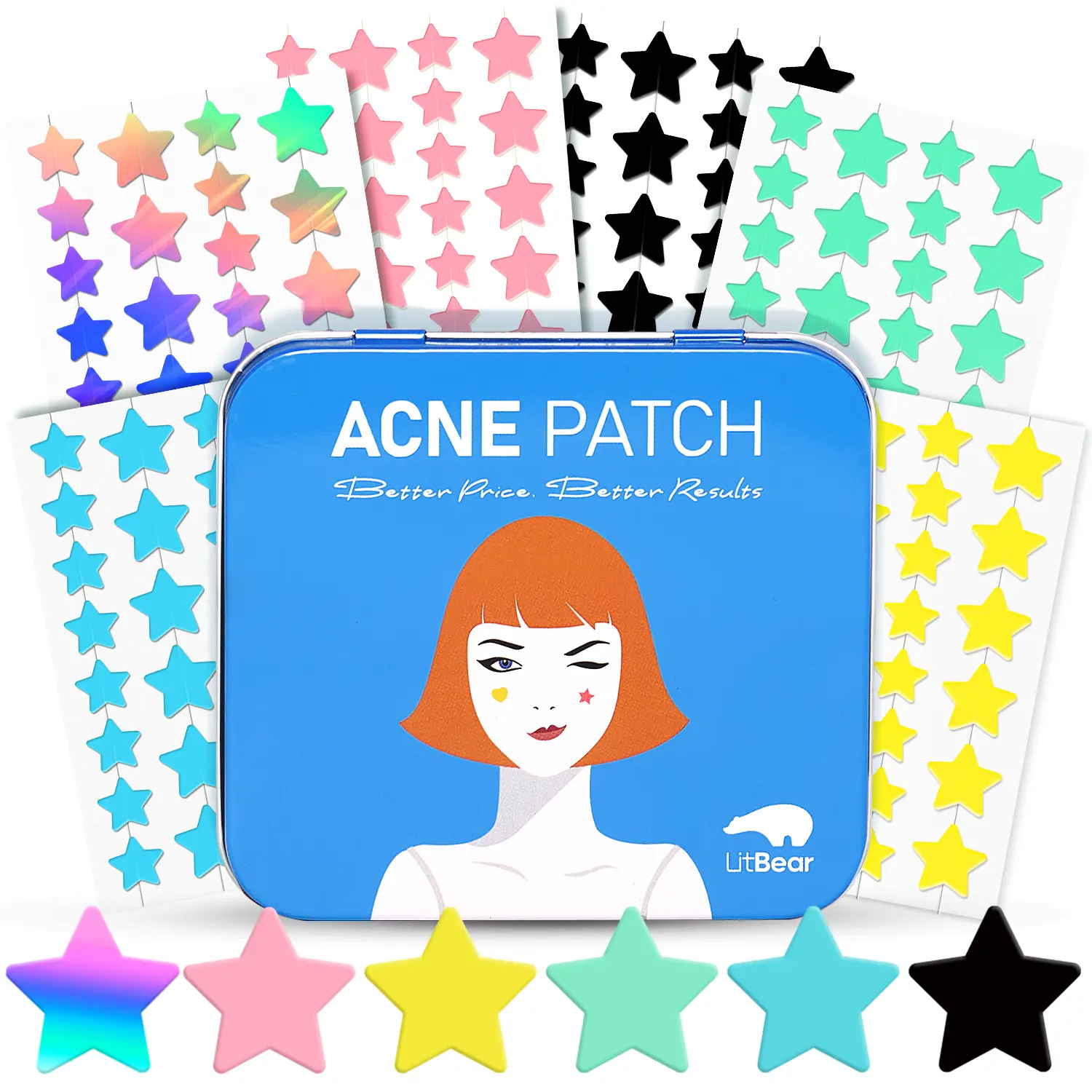 LitBear Star Hydrocolloid Acne Patches - 6 Colors, 168 Dots, with Tea Tree & Centella Oil, Peelable Anti-Acne Treatments for Skin Repair & Selfcare, Hydrocolloid Solutions for Clear Skin