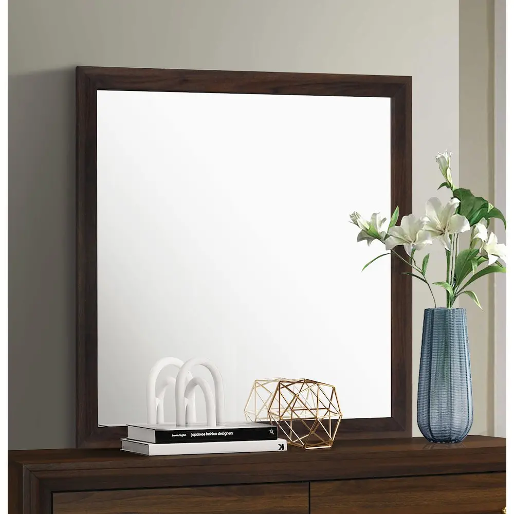 Welsley Framed Square Modern Dresser Top Mirror, Walnut Wood Glass, Clean Design with Precise Accent, Home Decor Mirror for Home Supplies