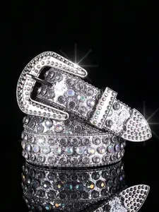 1 Piece Rhinestone Western Buckle Belt, Fashion Holographic Belt, Glitter Punk Waistband for Party, Daily Clothing Decoration, Bling Western Belt