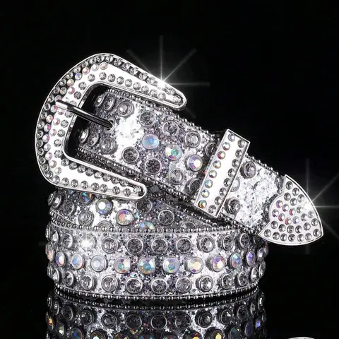 1 Piece Rhinestone Western Buckle Belt, Fashion Holographic Belt, Glitter Punk Waistband for Party, Daily Clothing Decoration, Bling Western Belt, Sparkling Western Belt