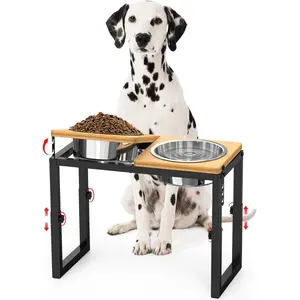 Adjustable 4 Height (9.6''-15'') 0-20° Angle Elevated Dog Bowl Stand Bamboo Raised Feeding Station with 2 10cups Stainless Steel Dishes for Medium to Large Dogs