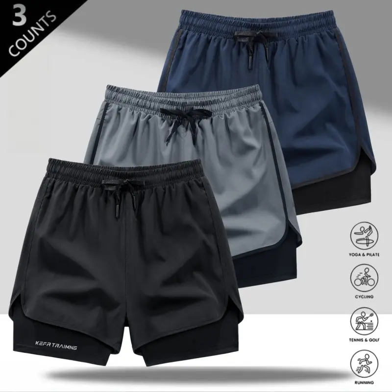 Men's 3-Pack Double-Layer Design Sports Shorts: Loose outer layer with breathable quick-dry lining perfect for running, workouts, and everyday casual wear