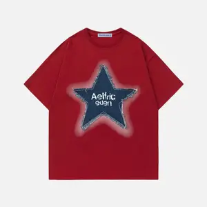 Aelfric Eden Denim Star Applique Tee Vintage Wash Distressed T Shirt with Raw Edge Denim Stars Red Color