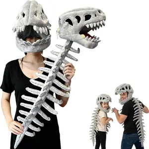 Dinosaur Skull Plush Head Cover with Spinal Extension, Velociraptor Costume Plush Toy Dinosaur, Soft Stuffed Animal, 3D Wearable Realistic Christmas Dinosaur Skeleton Plush Toy