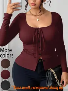 Plus Size, Fitted 1 Piece Women's Square Neck Tie-Front Knit Long Sleeve Top, TikTok Viral "Quiet Luxury Feminine" & "Effortless Street Style", Stretchy Knit Fabric & Cinched Waist Detail, For Curvy Women, Perfect for Casual Outings, Date Nights