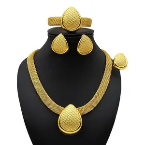 24K Gold Color Plated Bridal Necklace Bracelet Earring Ring Four-Piece Women's Wedding Jewelry Set