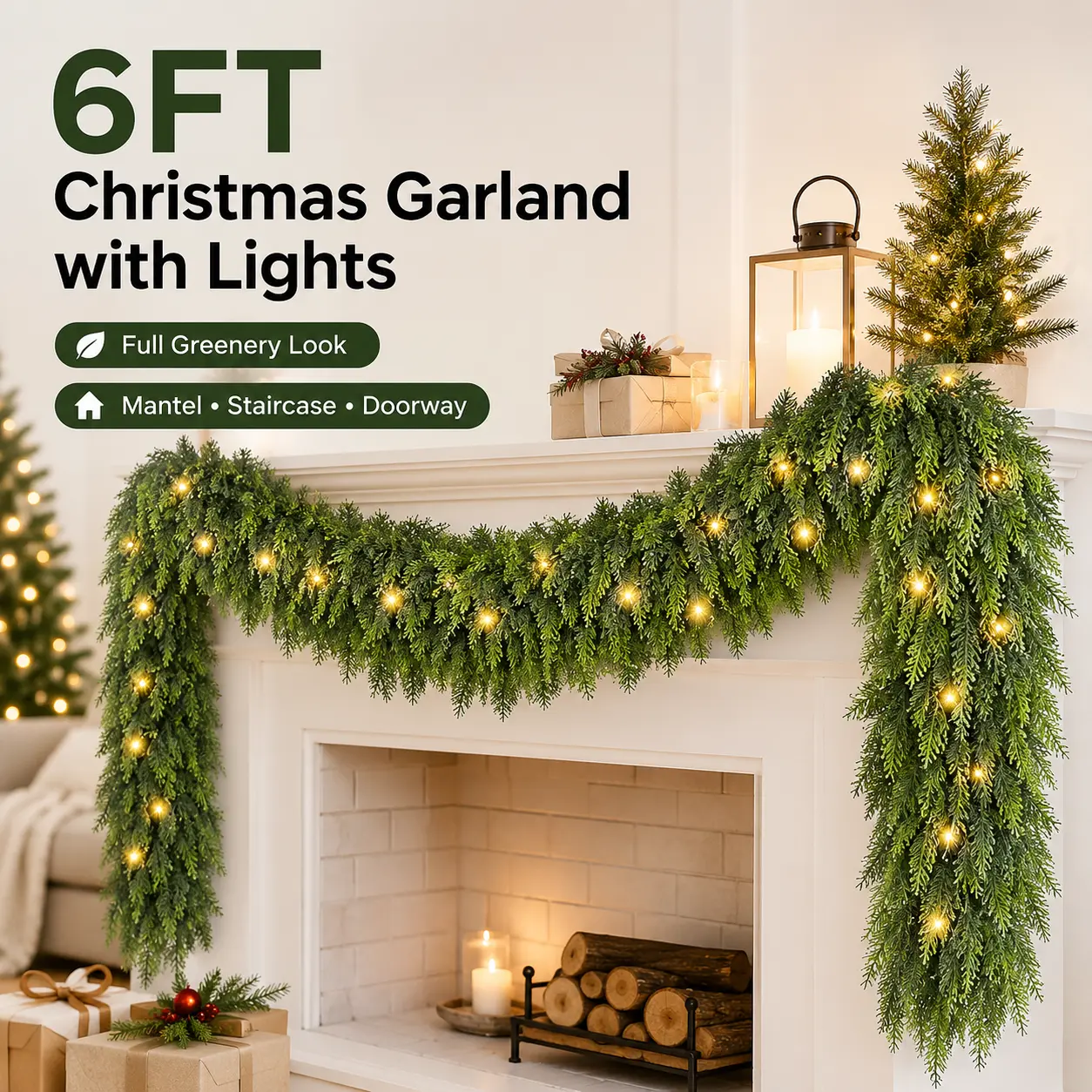 Artificial Cedar Garland Set - 6ft/10ft Lengths, 10ft Warm White Round Star Bulb String Lights, Cozy Flexible Stem Christmas Greenery for Mantel, Stairs Holiday Decor