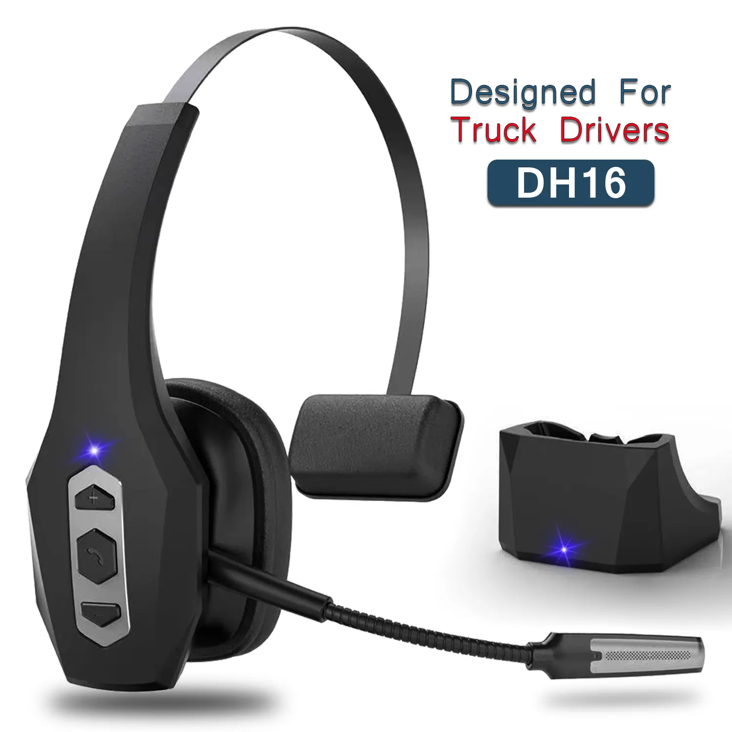 DH16 Wireless Trucker Bluetooth Headset with Mic - Noise Cancelling Bluetooth Headband Headphones, Ergonomic Design, Mute Switch, Hands-Free, Adjustable Over-Ear, Rechargeable Charging, Android & Mobile Compatible, PC & Laptop Use