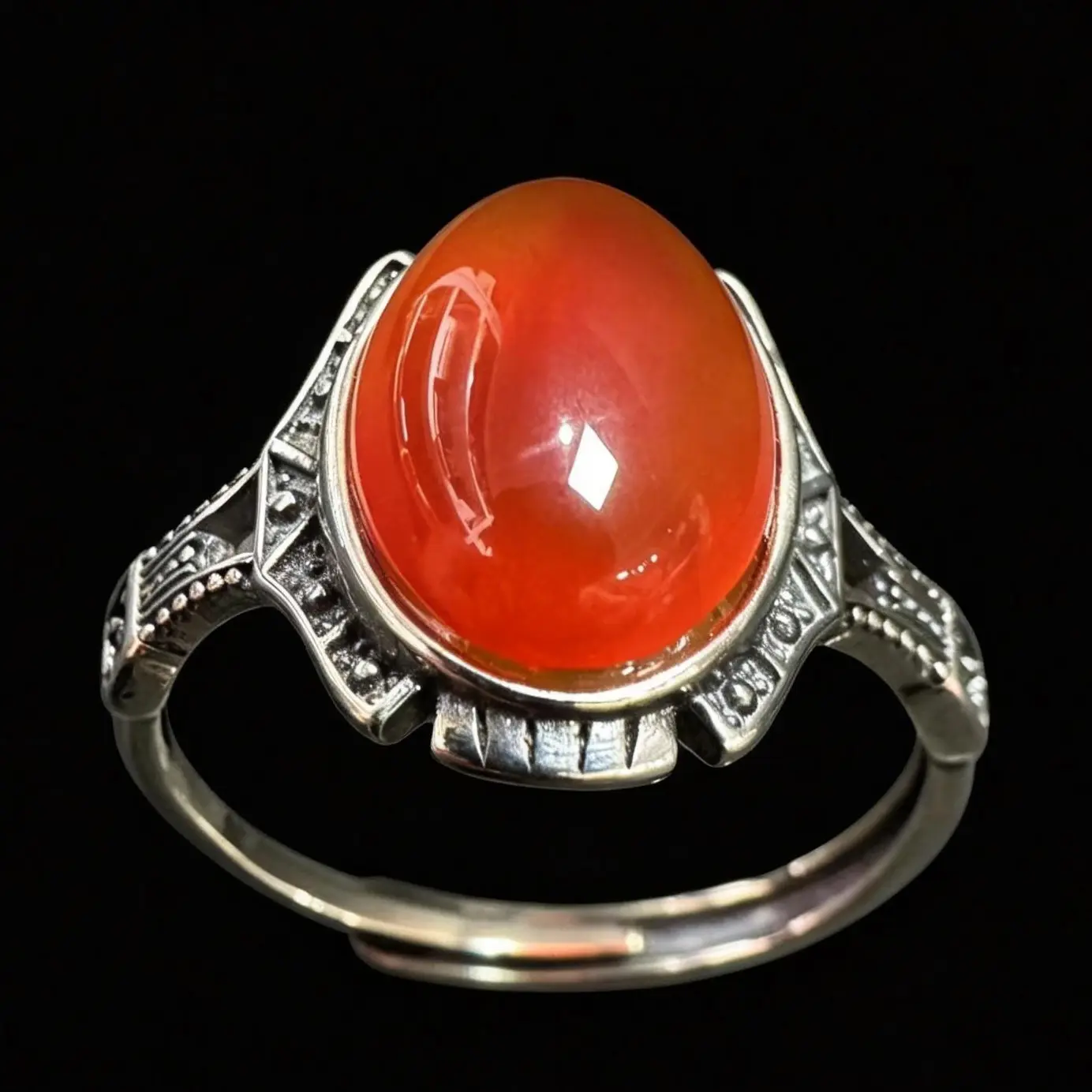 925 Sterling Silver Antique Art Deco Vitality Natural Carnelian Adjustable Ring for Adults, Single