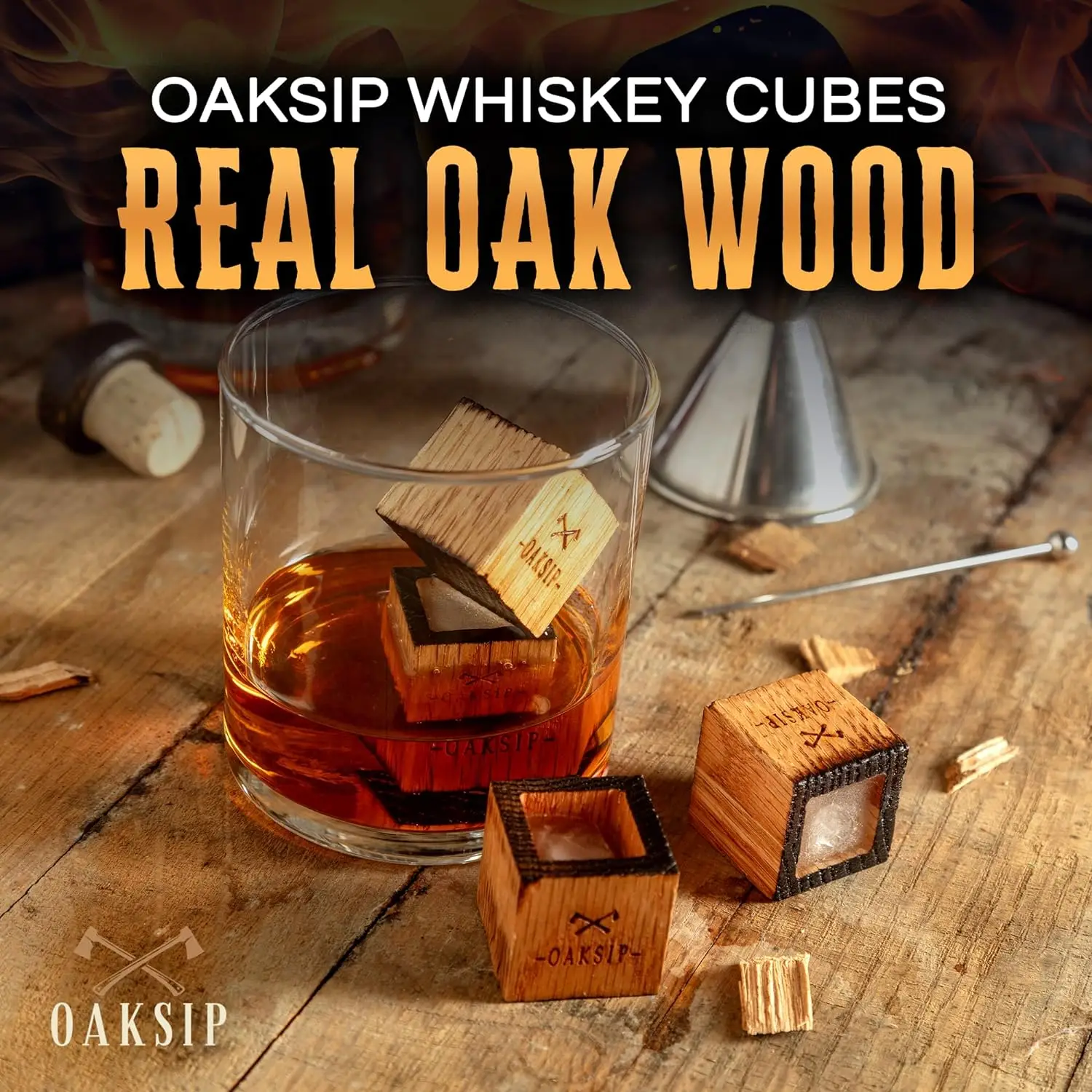 Oaksip - Charred Oak Whiskey Stones, Wooden Bourbon & Whiskey Accessory for Drinking Glass, Reusable Ice Cubes, Gifts for Men (Set of 4), Traditional