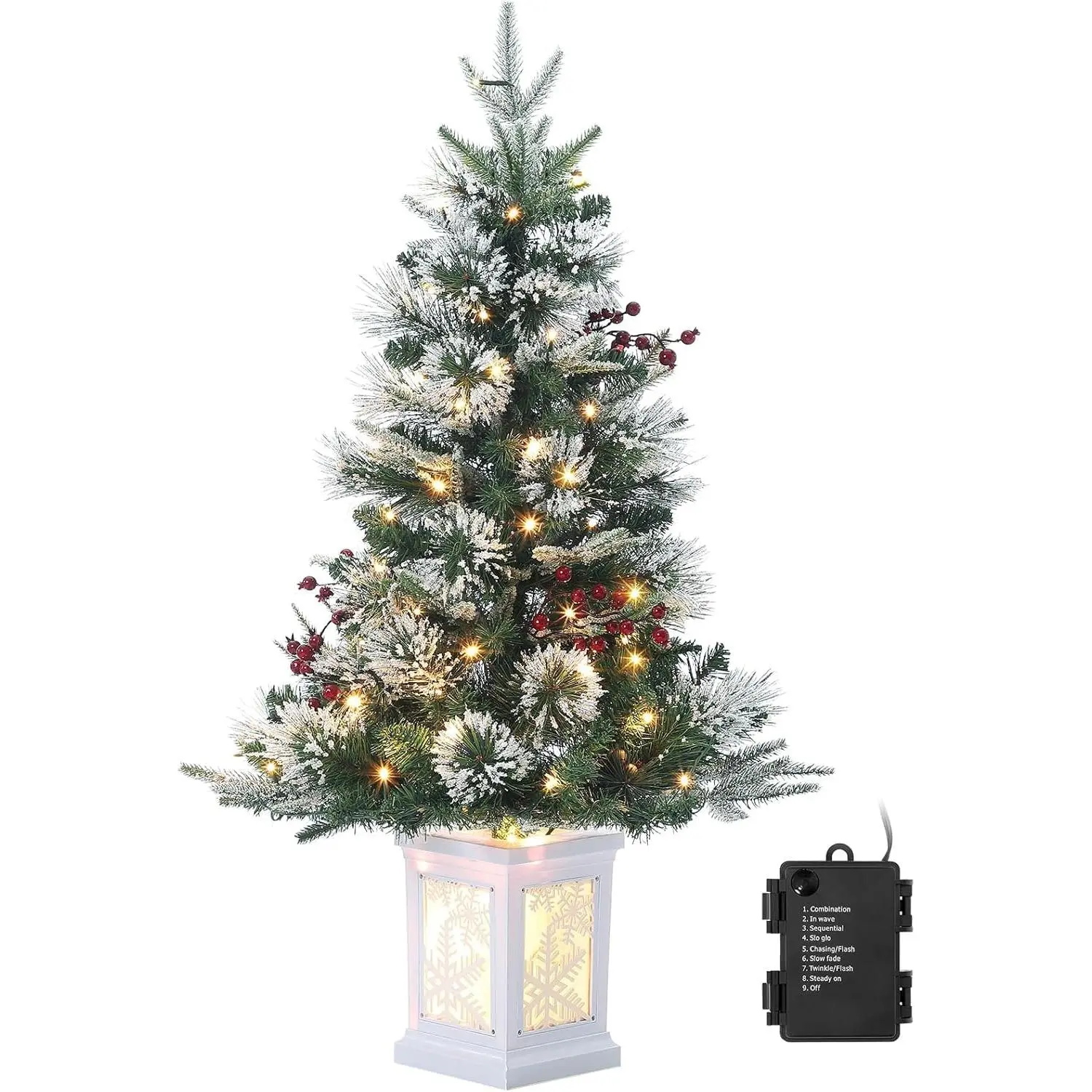 GARVEE 90cm artificial Christmas tree with 78 lights, battery-operated pre-lit premium snow flocked artificial Christmas tree with red berries, Christmas decoration for home, office, white base