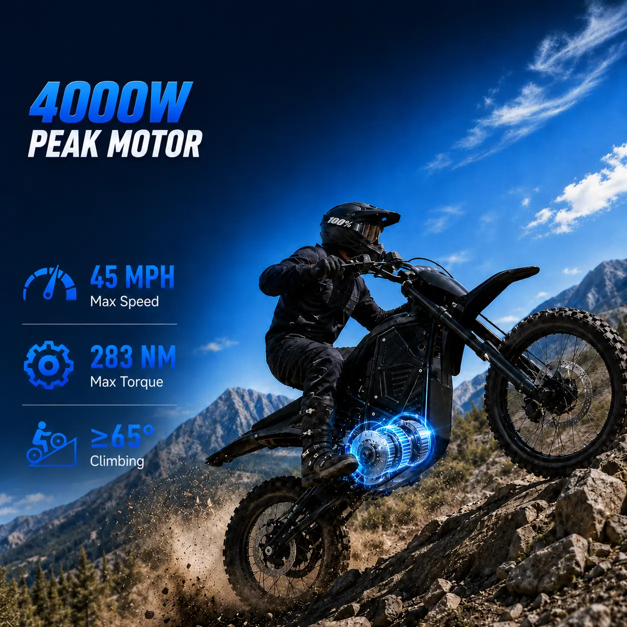 Adult Electric Bike, 4000W Peak Power, 60V 20.8Ah Battery, Up to 45 MPH Speed, 50-mi Range, Full Suspension, Dual Disc Brakes, 14"/12" All-Terrain Tires