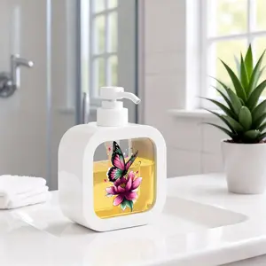 Tattoo-Style Butterfly & Lotus Flower Soap Dispenser with Pump - Refillable Moisturizing Hand Soap Pump Bottle, Kitchen & Bathroom Soap Dispenser, Large Pink Lotus Design, Artistic Home Decor, Easy to Clean, Liquid Container for Sink, Tabletop