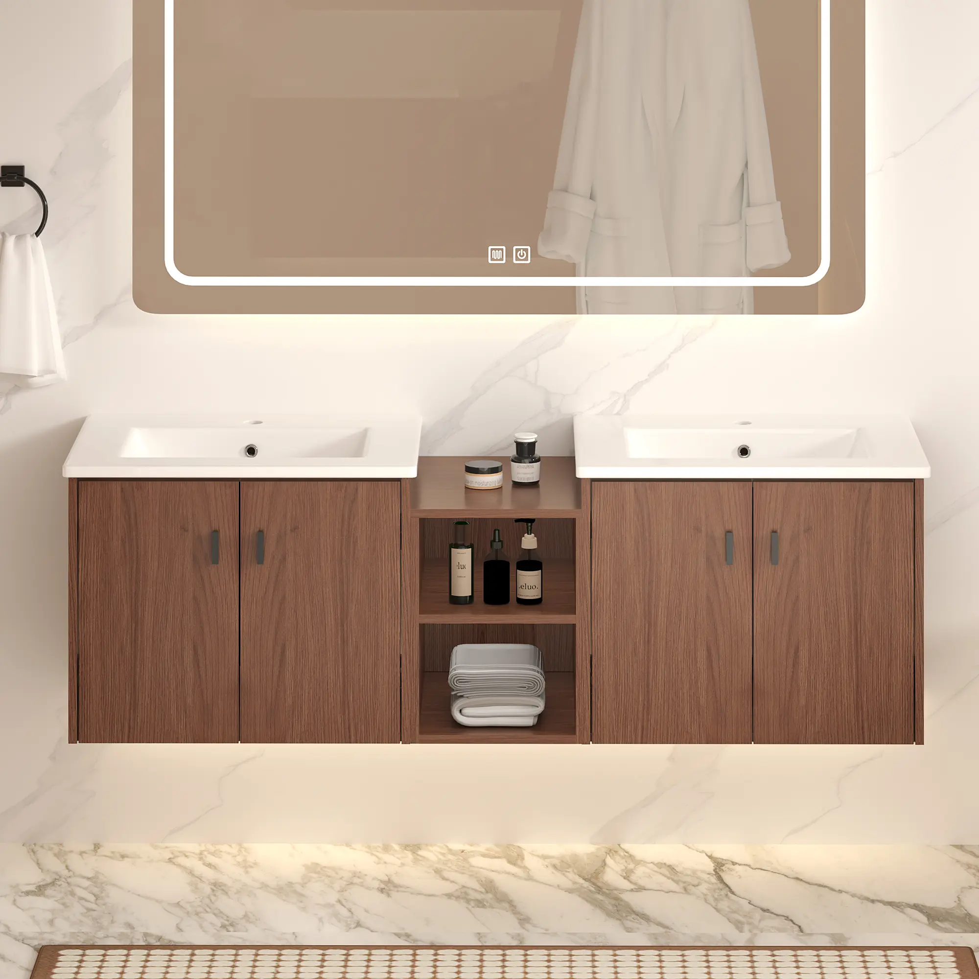 60 Inch Reddish Brown Bathroom Vanity Floor Cabinet with Soft Close Doors, Small Storage Shelves, 24" and 12" Combination Cabinet, Freestanding Bathroom Storage Organizer for Bathroom Laundry Room, KD-Packing, Bathroom Furniture