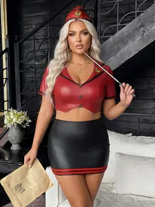 Women's Plus Size Flight Attendant Style Costume Set, Colorblock Short Top, Skirt, Hat, Triangle Pant, Sexy Cosplay