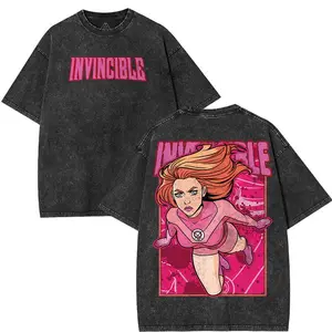 Trending Atom Eve x Invincible Vintage Washed Graphic Tee, Heavyweight Cotton Oversized Streetwear for Superhero Fans & Comic Lovers.