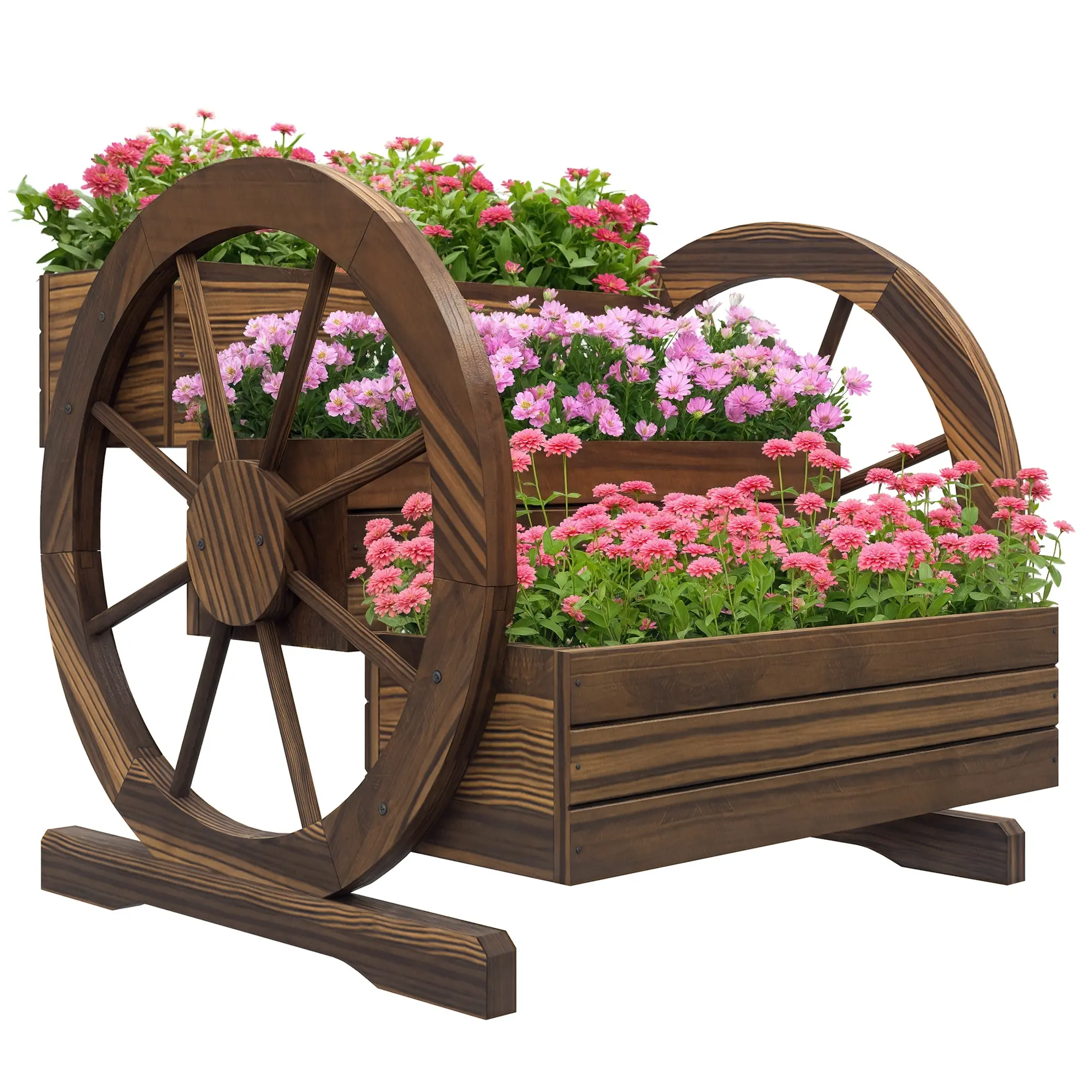 3-Tier Wooden Wagon Planter Box - Rustic Farmhouse Raised Garden Bed with Decorative Wheels, Carbonized Fir Wood, Waterproof Finish, Self-Draining Bottom Holes, 55 lbs Capacity, Indoor-Outdoor Planting Container
