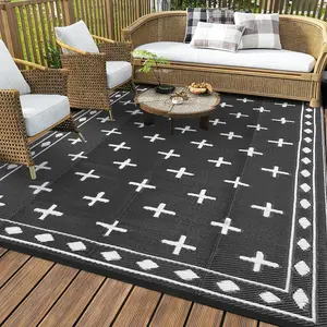 GAOMON Geometric Outdoor Rug 9x12, Reversible Waterproof Plastic Straw Area Mat for Patio, RV Awning, Garden, Deck, Balcony, Camping and Beach,Black White