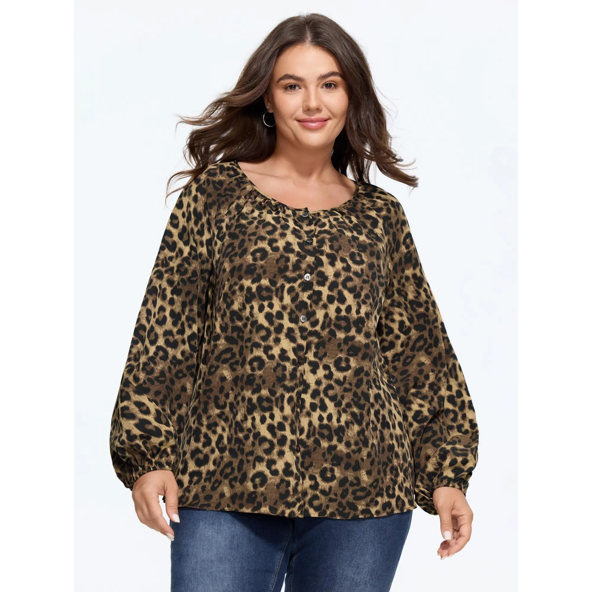 BloomChic Leopard Print Round Neck Button‑Front Blouse 【M-6XL】