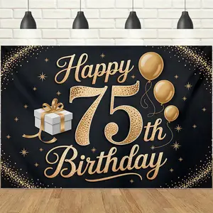 1pc 2D Black Gold Glitter 75th Happy Birthday Backdrop Banner, Gift Box & Balloon Elements, Dignified & Elegant Style, Perfect for 75th Birthday Banquet, Elder's Birthday Celebration, Family Gathering Decor, Photo Booth Prop