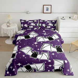 Halloween Bedding Set for Girls Boys Kids,Black Bats Animal Print Silhouette Comforter Cover,Happy Holiday Cute Star Print Luxury Duvet Cover