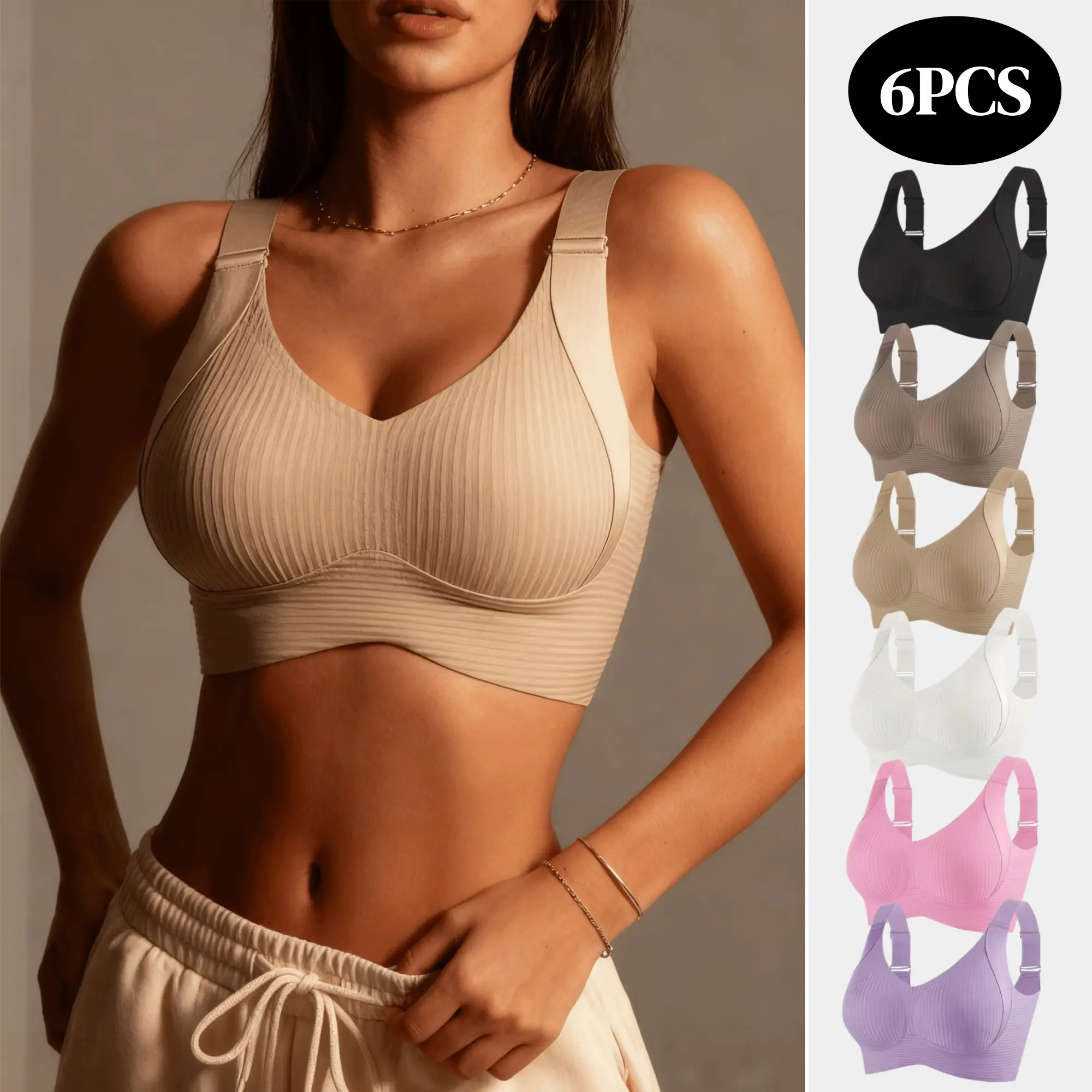 Women's 6-Pack Deep V Push Up Balconette Jelly Bras, Wireless Ribbed Adjustable Wide Straps Seamless Breathable Bralettes with Soft Support, Comfortable Underwear for Women for Daily Casual Gym Wear, Bras For Women