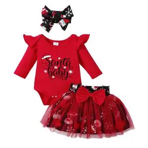 Baby Girls Green Christmas Mesh Dress New Born Santa Baby Romper And Skirt Outfit Soft Comfortable Newborn Gift Set