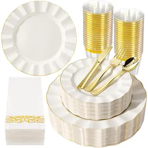 175PCS Gold and Ivory Dinnerware Set, for 25 Guests, 50 Disposable, 25 Silverware, 25 Cups, 25 for and Wedding