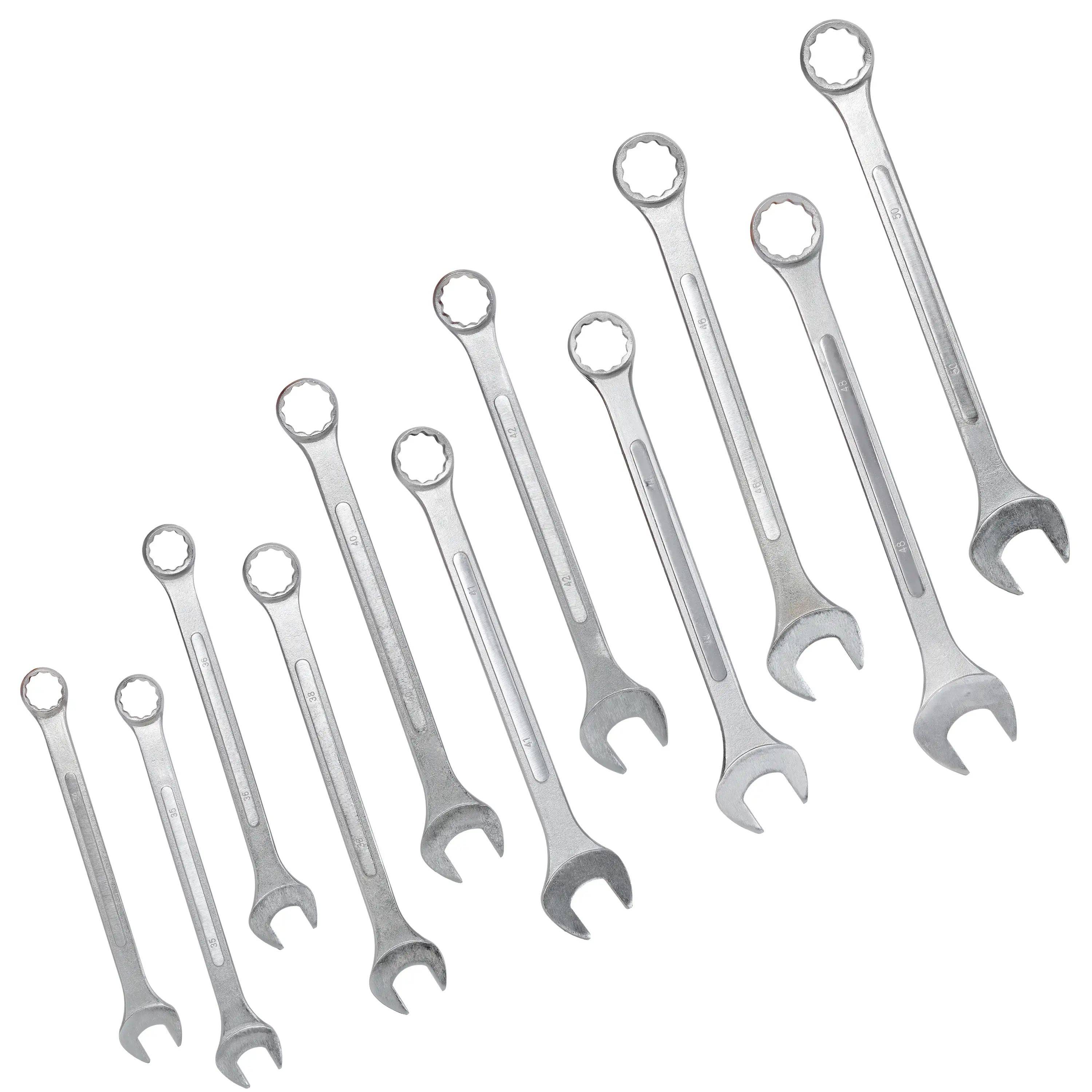 11pcs Metric Jumbo Combination Wrench Set (34mm to 50mm:34,35,36,38,40,41,42,44,46,48,50) - Carbon Steel, ANSI Standards Compliant, Chrome Plated, Anti-Deformation, Raised Panel, for Bolt Heads & Heavy Tasks, with Green Storage Bag, Millimeters