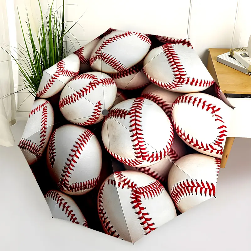 1 PC Automatic Folding Umbrella - Baseball Sports Balls Round Circle Pattern, Portable & Foldable Design with 8 Ribs, Merry Christmas Pattern,Casual Outdoor Accessory Halloween and Christmas Birthday Gifts. C00121