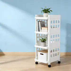 Square Four-Tier Assembly Rolling Storage Rack, Mobile Display Shelf for Dining Room, Living Room, Bathroom