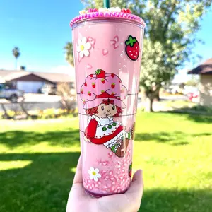 24oz Starbucks strawberry shortcake tumbler Water Bottles Drinkware Coffee Lid