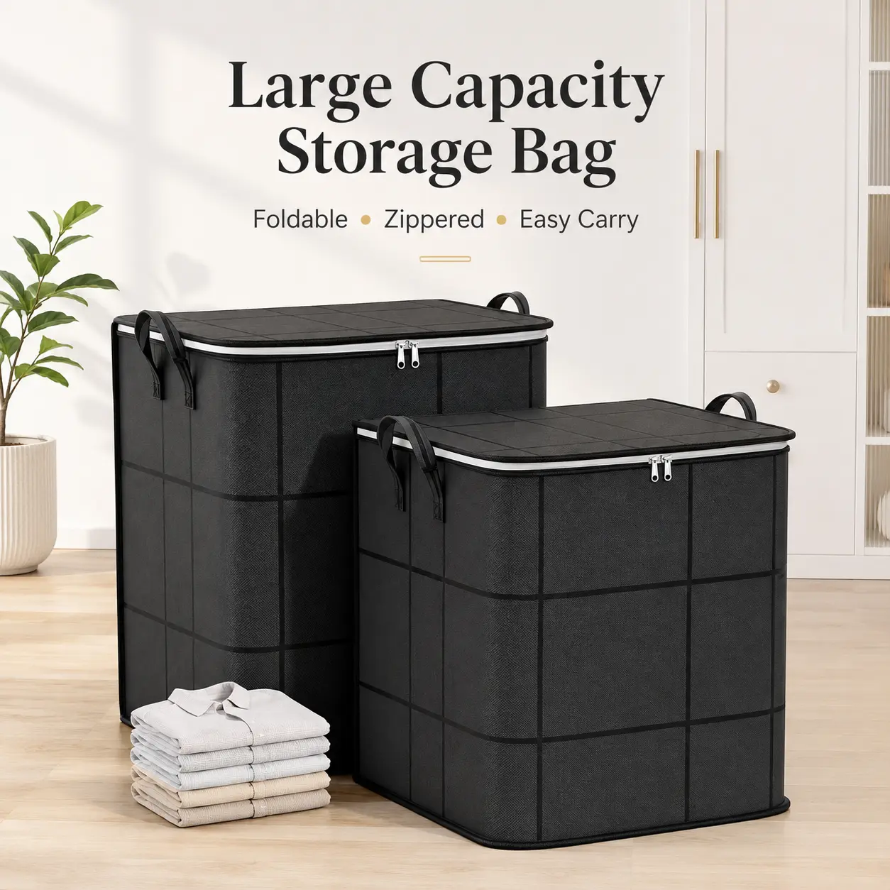 Modern Extra Large Heavy-Duty Zippered Storage Bags with Reinforced Handles, Foldable Water-Resistant Clothes Storage Moving Bags for Blankets, Quilts, Comforters, Under Bed Bins