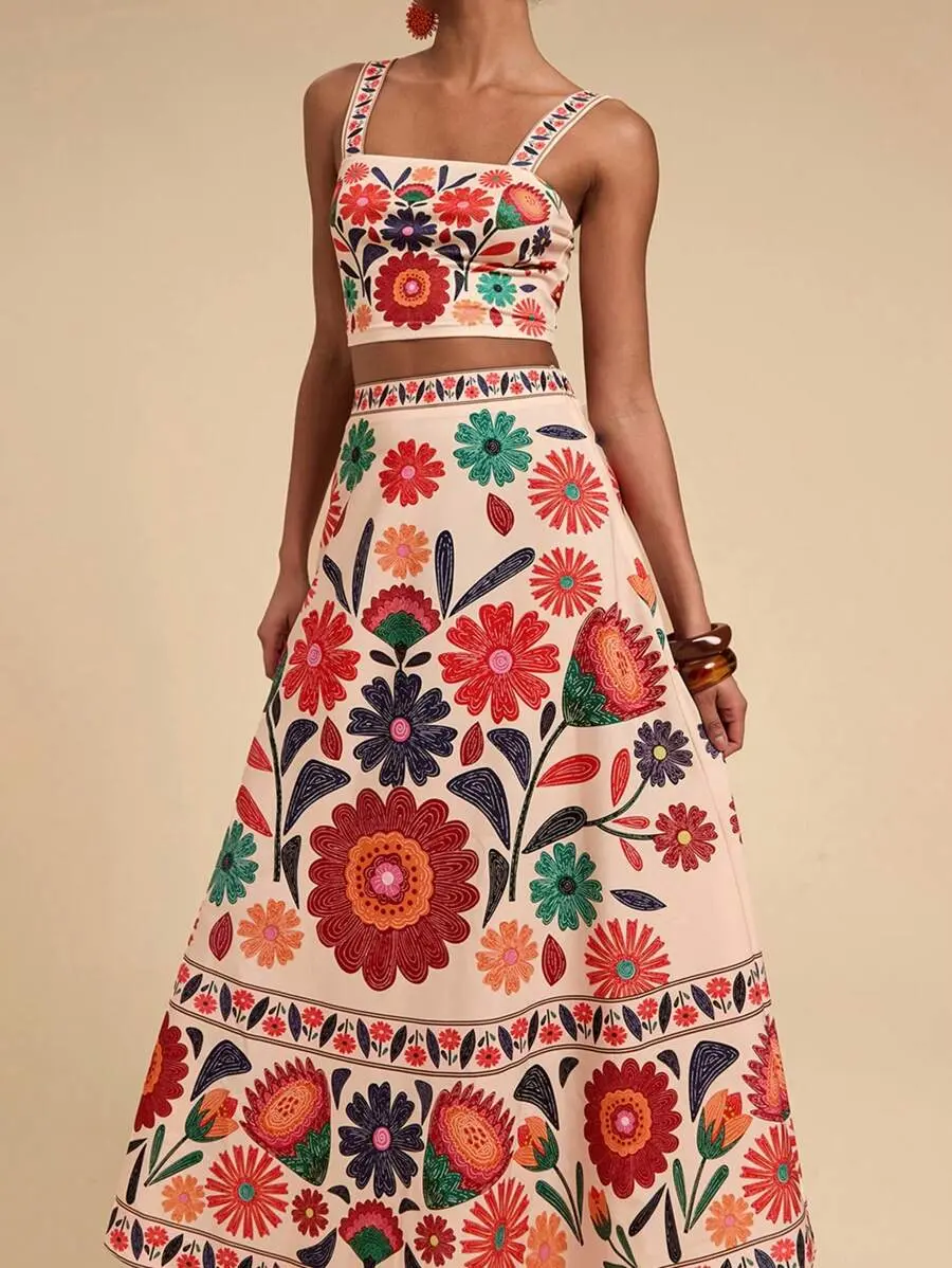 Travachic 2pcs/Set Women Vacation Printed Cut-Off Crop Top High Waist Skirt Set, Tropical Bohemian Sexy Breezy Outfits, Ibiza Western Style Beige Summer