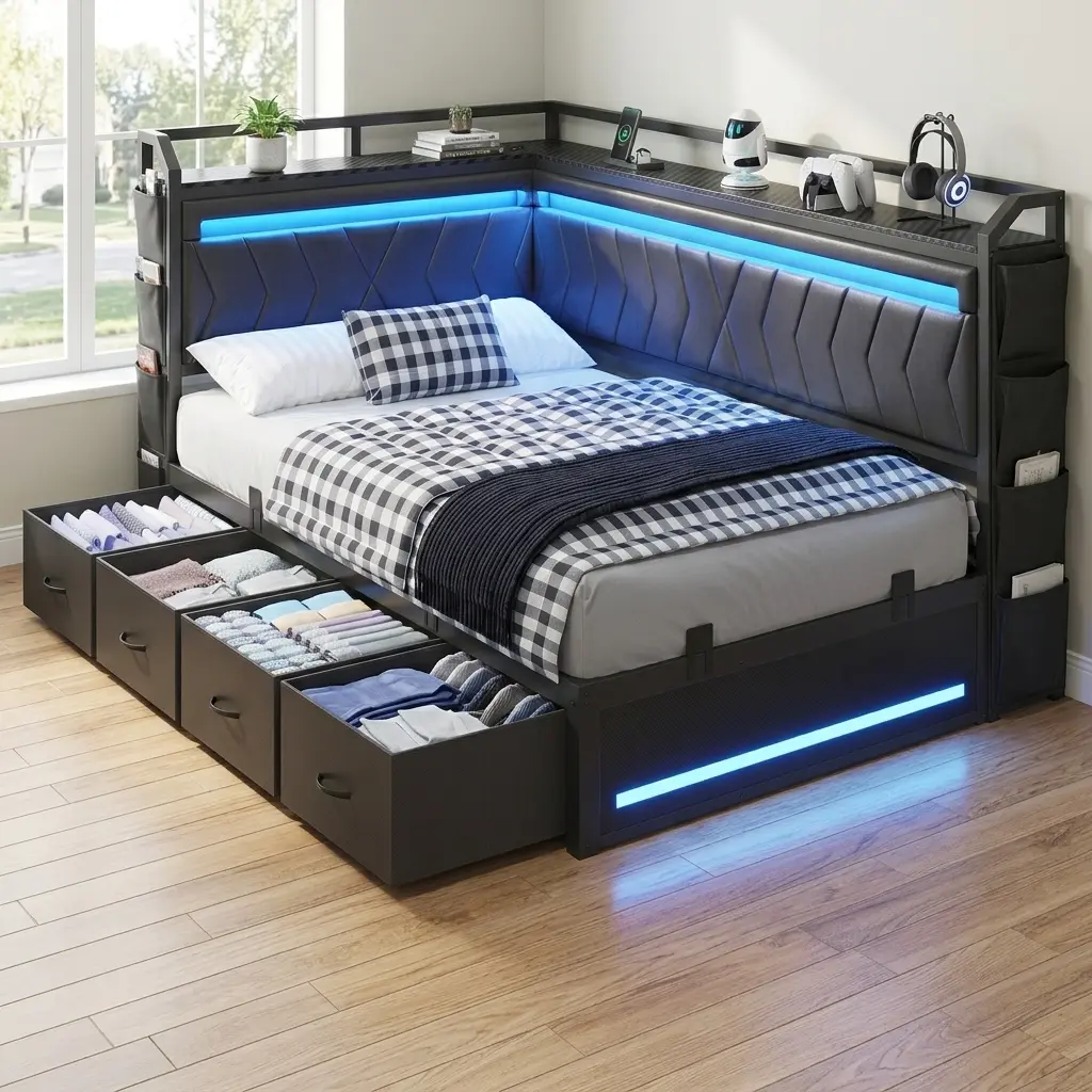 Hasuit | Corner Bed Frame with 4 Storage Drawers Convertible Daybed with Leather Upholstered and LED Light Esports Style