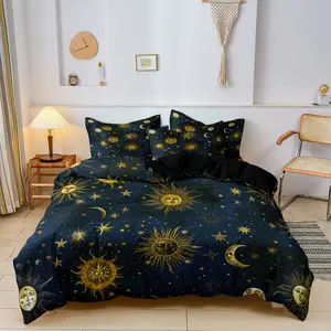 3-piece set of gold sun, moon, and celestial print decorative duvet cover (1 * duvet cover+2 pillowcases, unfilled)