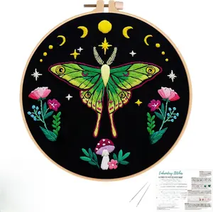 Moth Embroidery Kits for Beginners - Embroidery Starter Cross Stitch Kit DIY Needlepoint Including Cloth with Pattern, Hoop, Needles Instruction and Threads