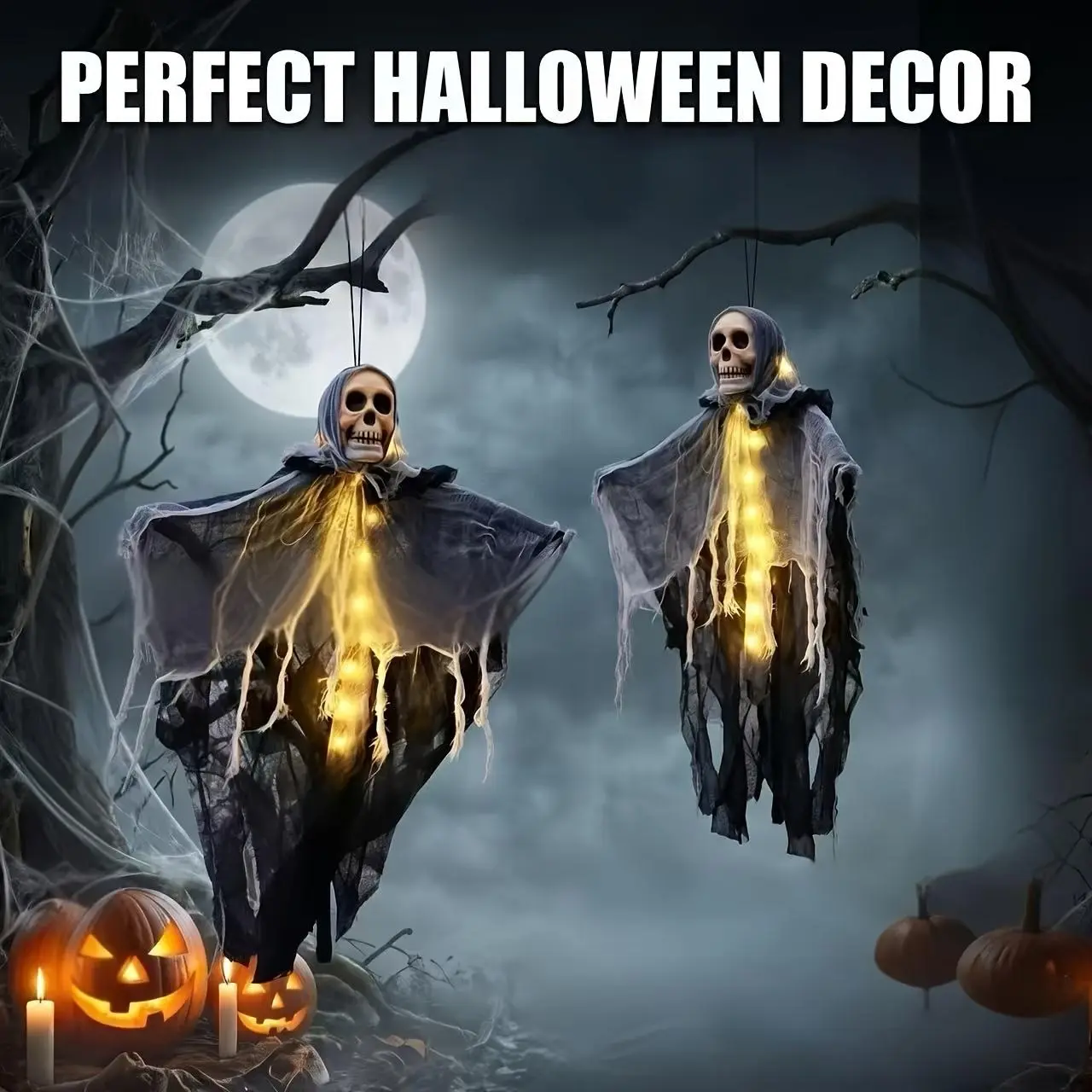 Horror Outdoor LED Lighting Decor Set - Glowing Skeleton Hanging Ghost, Tattered Fabric Ghosts, Grim Reaper Hangings for Cemetery Porch Party Decorations
