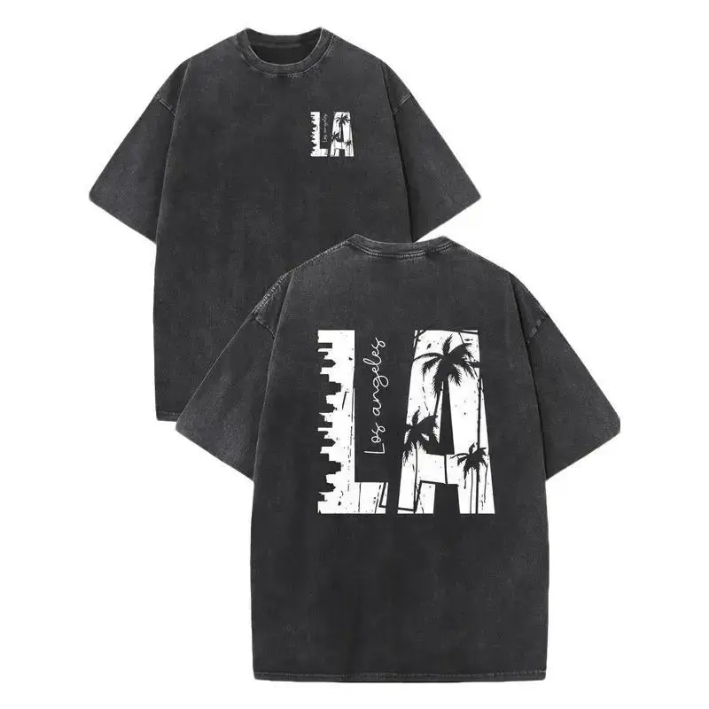 Men's Unisex Classic Cotton Fabric Tropical Short-Sleeve Oversized Crew Neck T-Shirt - Vintage Wash, Palm Trees & City Skyline Graphic, California Streetwear for LA Natives & Travelers, Shortsleeve