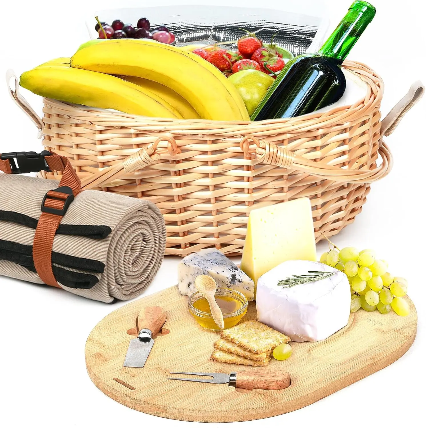 Hap Tim Insulated Handwoven Wicker Picnic Basket Set with Picnic Blanket and Cutting Board, Willow Hamper Basket Sets with Insulated Compartment,Unique Gifts Ideas for Couple, Engagement, Wedding, Bridal Shower
