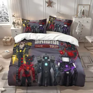 3Pcs Skibidi Toilet character collection pattern bedding three-piece set, duvet cover and pillowcases, multi-color printing, suitable for all seasons, ideal for home and guest rooms, suitable for family, 1 Duvet Cover + 2 Pillowcases (No Insert)