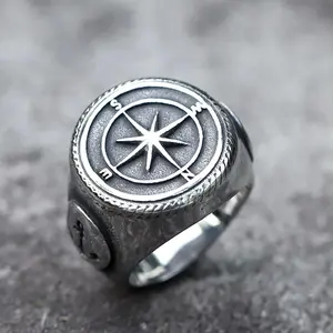 New Men's 316L Stainless Steel Rings Vintage Viking Cross Compass Runic Pirate Fashion Jewelry