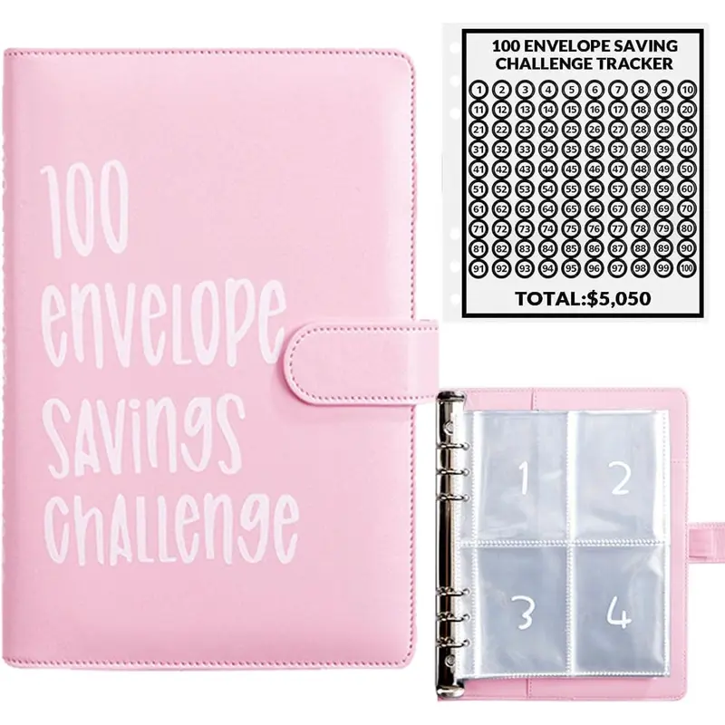 100 Envelope Challenge Binder, Easy and Fun Way to Save $5,050, Savings Challenges Budget Book Binder with Cash Envelopes for Office,Home,School