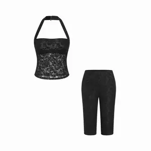 Cider Lace Halter Neckline Sleeveless Top & Lace Bermuda Shorts Set